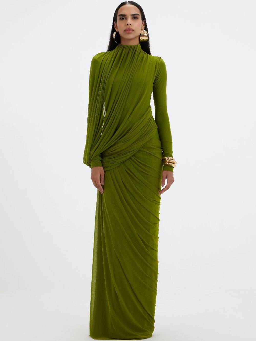 Deme by Gabriella Suzie Dress in Green long sleeve draped ruched turtleneck gown
